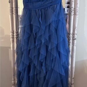 Blue Asymmetrical Tiered Ruffled Gown
